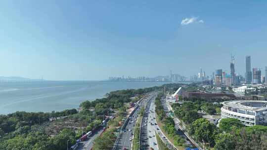 深圳海岸线航拍深圳湾公园红树林滨海大道