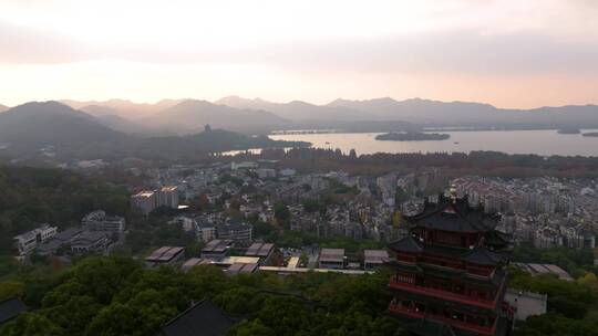 4K杭州城隍阁和西湖航拍日落视频