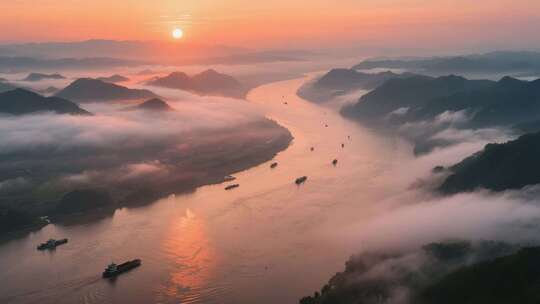 航拍长江云雾缭绕的日出壮丽山河云海黄昏