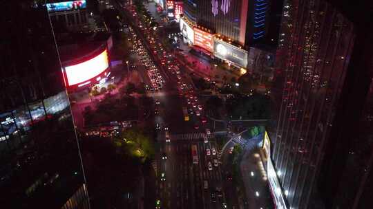 航拍广州天河区商圈十字路口交通夜景