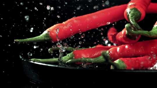 红辣椒入水溅起水花画面