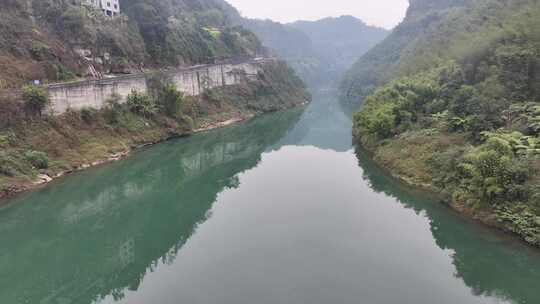 河上小船行驶两岸植被茂密