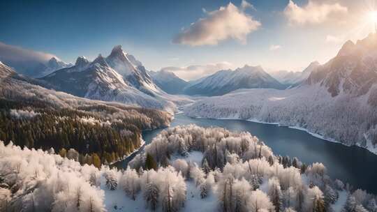 雪山森林湖泊冬季风光
