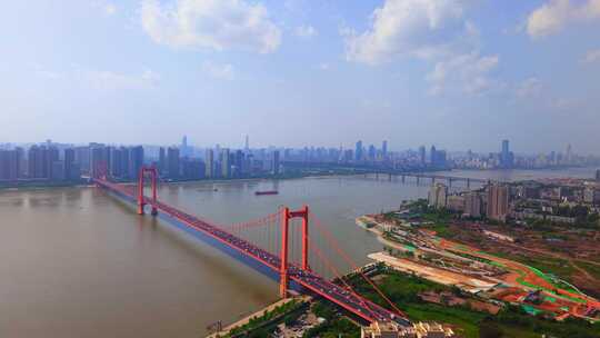 武汉鹦鹉洲长江大桥车流两岸城市天际线航拍