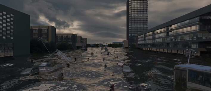 城市台风洪涝积水场景动画