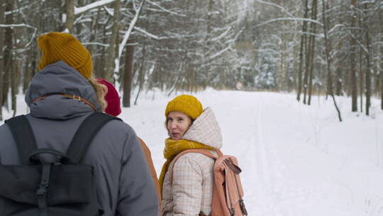 冬季森林中行走的人视频素材模板下载