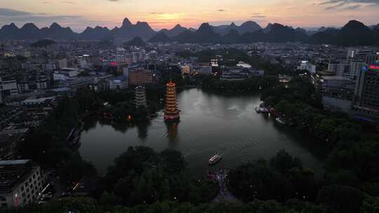 广西桂林两江四湖日月双塔城市夜景航拍风光