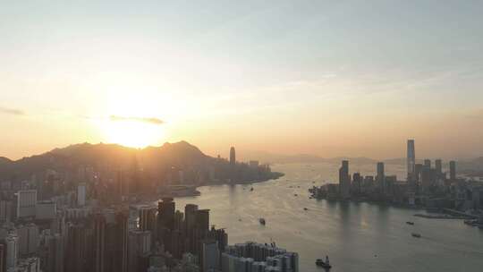 香港大景航拍维多利亚港太平山日落延时风光