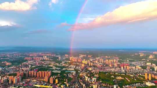 航拍宜昌城市雨后彩虹