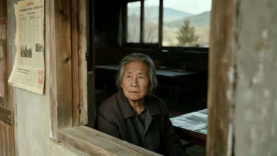 农村老人坐于老房窗边