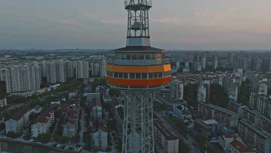 上海嘉定电视塔城市傍晚夕阳日落航拍