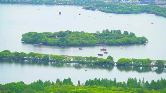 江南杭州西湖苏堤旅游湖面上的观光船