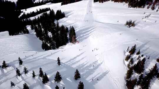 滑雪场的鸟瞰图，人们滑雪下山。录像。飞过滑雪板