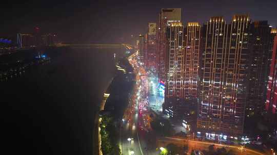 长沙城市夜景交通五一大道航拍
