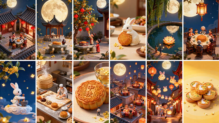 中秋节团圆3D卡通中国风微缩传统节日竖屏