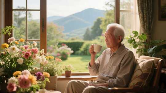 老人窗边悠闲喝茶