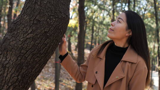 亚洲中国女性树林徒步旅游拍照视频看风景