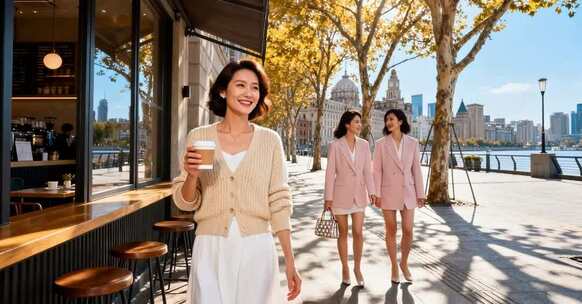 上海街头女性手持咖啡漫步