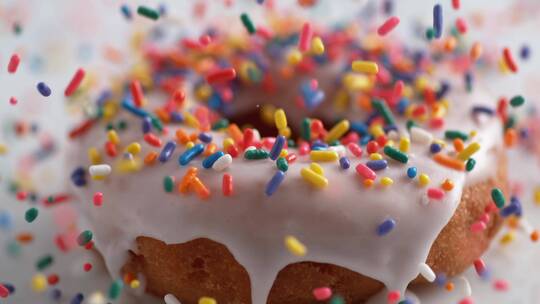 彩虹糖落在甜甜圈上慢镜头