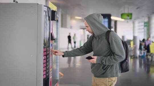 男人在机场自动售货机买饮料视频素材模板下载