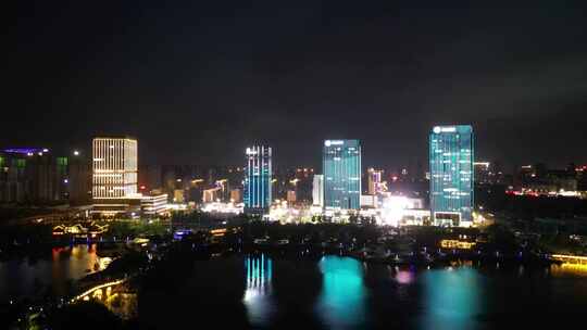 航拍河南商丘建业总部港夜景