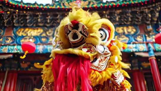 传统建筑前舞狮表演