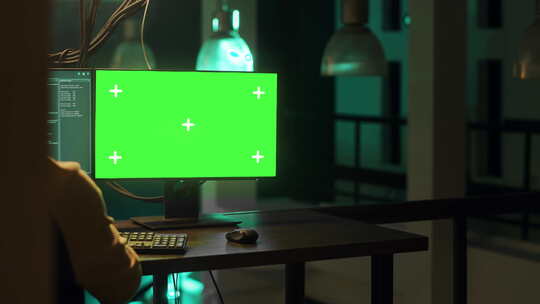 男子使用带有绿屏的电脑显示器