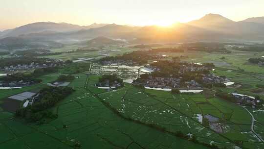 中国侨乡广东台山乡村稻田山脉山峰日出航拍