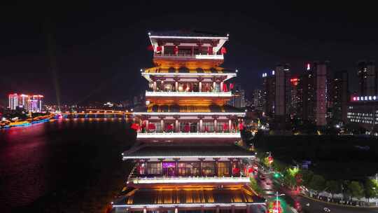 陕西安康美术馆夜景安康西城阁夜景航拍合集