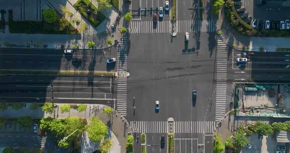 清晨杭州滨江城市街道交通车流航拍