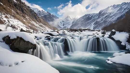 雪山下的瀑布自然景观