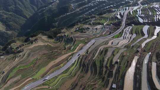 贵州黔东南加榜梯田古村落公路旅行航拍风光