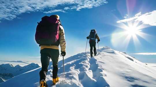 团队徒步攀登雪山登顶勇攀高峰