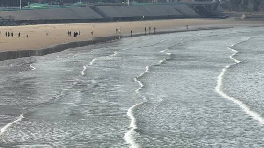 航拍威海金海滩海水浴场的海浪与海鸥