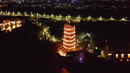 东莞航拍华阳湖湿地公园华阳塔夜景环绕