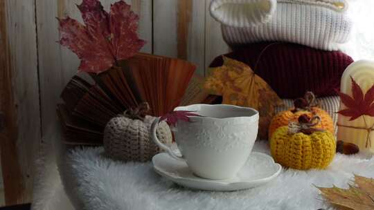 窗户上的秋季舒适茶和南瓜，秋季装饰