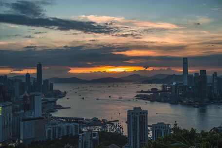 香港维多利亚港城市日落晚霞夜景延时