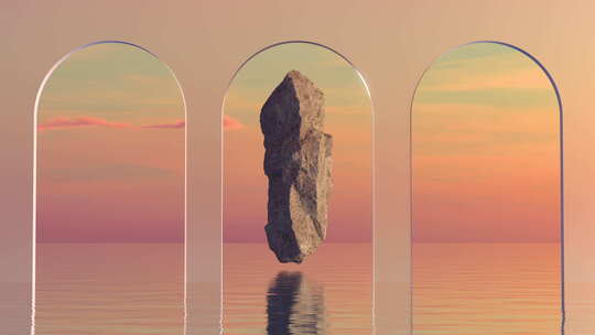 水上超现实日落讲台门户与一块大石头漂浮