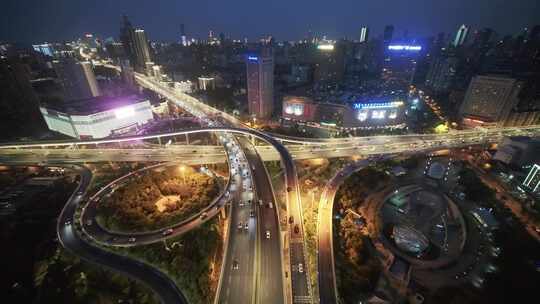 武汉金桥立交桥航拍夜景全景高楼马路灯火