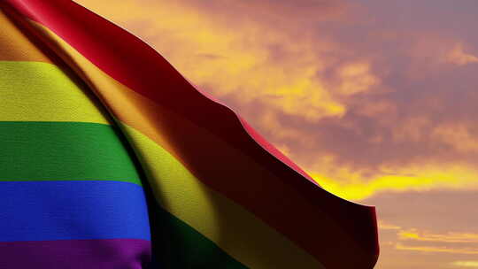 日落时挥舞的骄傲旗帜庆祝同性恋、双性恋和