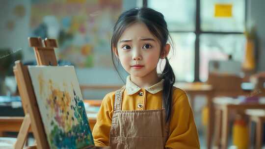 专注绘画少女眼神充满对艺术的思考