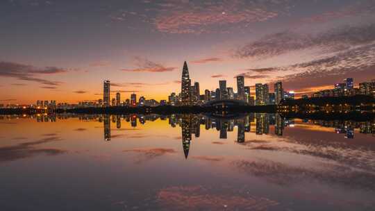 深圳城市建筑日落倒影景观