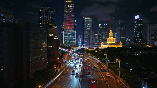 上海延安高架路车流夜景航拍