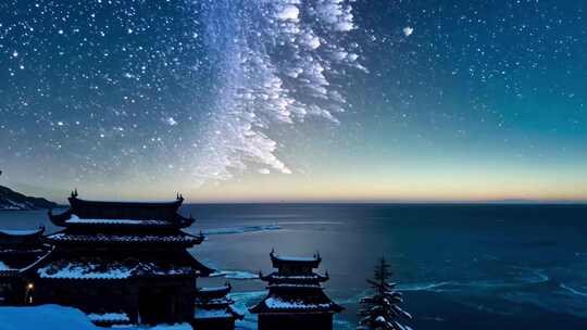 航拍冬夜星空雪景