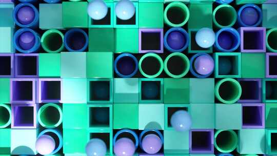 在这个宁静的3D构图中，蓝绿色和紫色立方视频素材模板下载