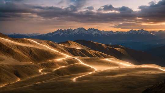 山间公路夜景与远处雪山