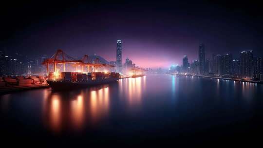 璀璨夜色下港口货轮的繁忙景象