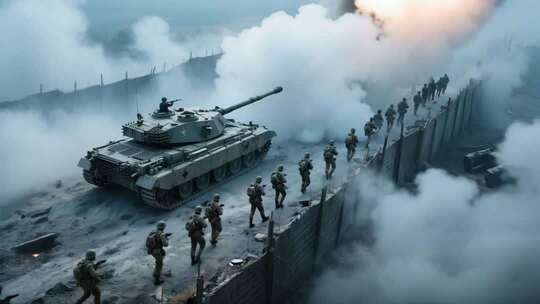 战场坦克与士兵行进画面