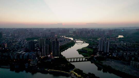 航拍衡阳石鼓书院城市天际线夕阳