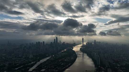 航拍广东广州城市风光 耶稣光洒满珠江景观视频素材模板下载